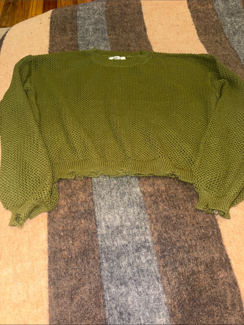 Double Zero Olive Green Cropped Open-Knit Sweater